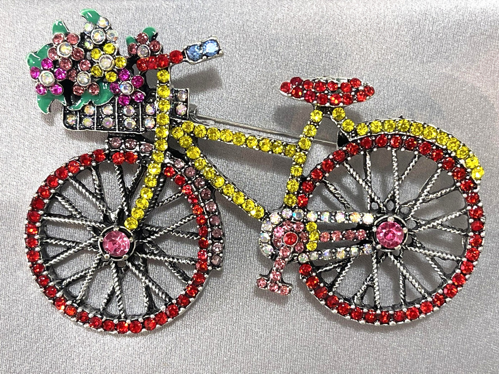 NWOT Multicolor Bicycle Brooch Lapel Pin Enamel Rhinestone Flower Basket